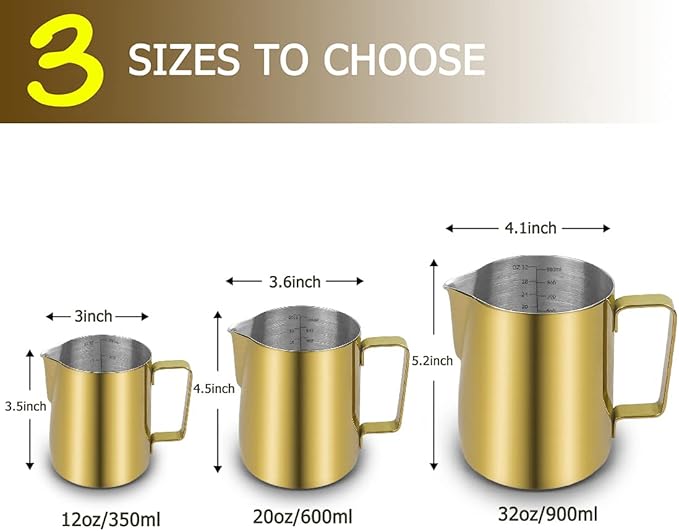 CAMKYDE Stainless Steel Milk Frothing Pitcher 12 oz, Espresso Steaming Pitcher with Decorating Pen for Espresso Machines, Cappuccino, Latte Art (Gold)