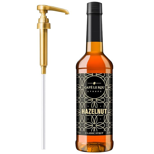 Bottle of Café Le Rou Hazelnut classic syrup with black and gold label and separate gold syrup pump