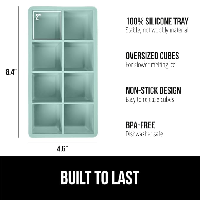 GORILLA GRIP Slow Melting Large Silicone Ice Cube Tray for Freezer, 2 Pack, Easy to Push 8 Giant Square Cubes, Use for Cocktails, Iced Coffee, Water Bottle, Frozen Puree, Kitchen Bar Essentials, Mint
