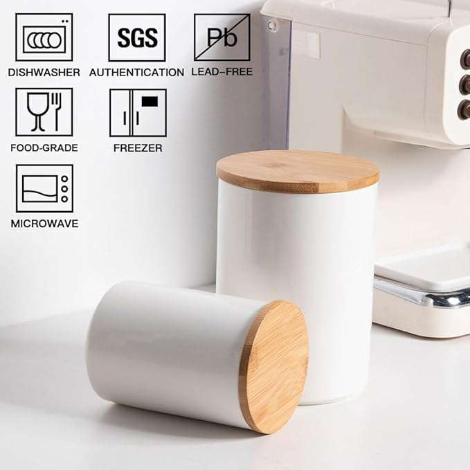 Sweejar Kitchen Ceramic Food Storage Containers Set, Stackable Canisters for Countertop with Airtight Boomboo Lids for Serving Ground Coffee, Tea, Sugar, Salt and More- Set of 2 (White)