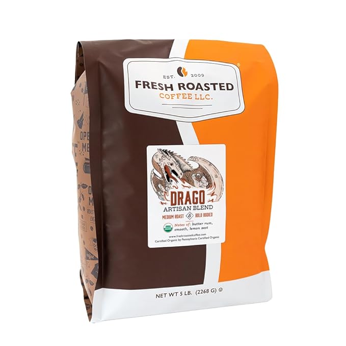 Fresh Roasted Coffee, Organic Drago Café Blend | USDA Organic, Kosher | Medium Roast 5 lb (80 oz) Ground