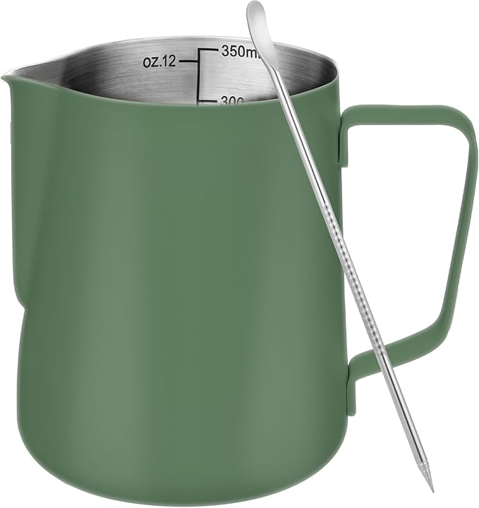 Milk Frothing Pitcher, 12 oz Milk Frother Cup with Clear Scale, 304 Stainless Steel Cappuccino Espresso Machine Accessories for Barista Coffee Bar with Latte Art Pen, Green