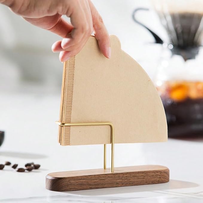 Coffee Filter Holder – Elegant Filters Storage, Size 01 and 02 Cone Coffee Filter Organizer, Walnut & Brass Design