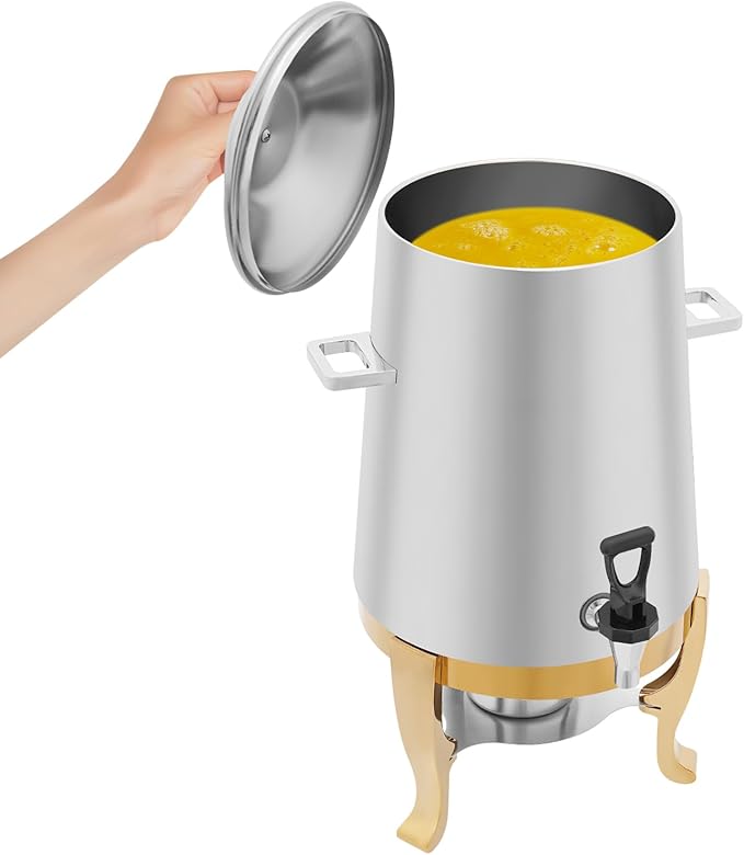 Stainless Steel Beverage Dispensers, Drink Dispenser with Fuel Holder & Base & Stainless Steel Faucet 3.4Gal Hot Beverage Dispenser, Commercial Coffee Urn for Hotels, Canteens（Gold Shelf）