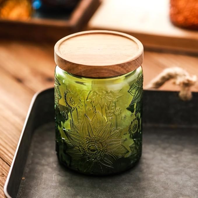 ANSQU Vintage 23.7oz Glass Storage Jar with Solid Wood Lid - Sunflower Kitchen Canister for Tea, Coffee, Candy, Cookies, Bath Salts & Laundry Detergent - Decorative Multi-Purpose Jar (Green, 1 Pack)