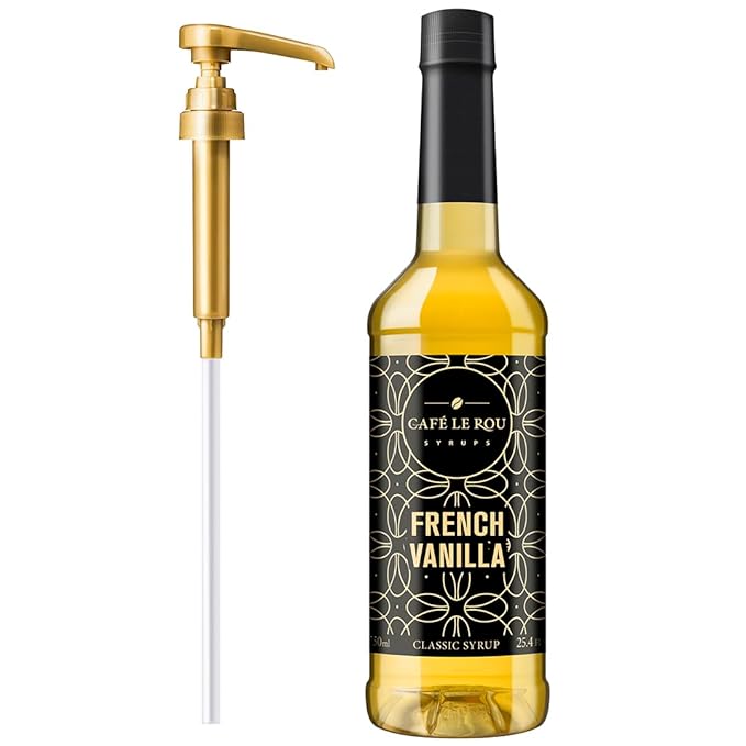 Café Le Rou French Vanilla classic syrup bottle with gold dispenser pump on white background
