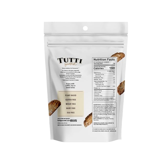 Tutti Gourmet Gluten Free Almond Biscotti, 9.9 oz (283g) Resealable Cookie Bag - Vegan and Halal Snacks