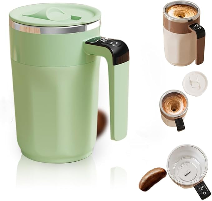 HISKI Automatic Stirring Coffee Cup with Temperature Display, Rechargeable Coffee Mug, Self-Stirring Mug with Lid Rechargeable Automatic Self Stirring Mugs with Magnetic Stirrer and Lid (Green)