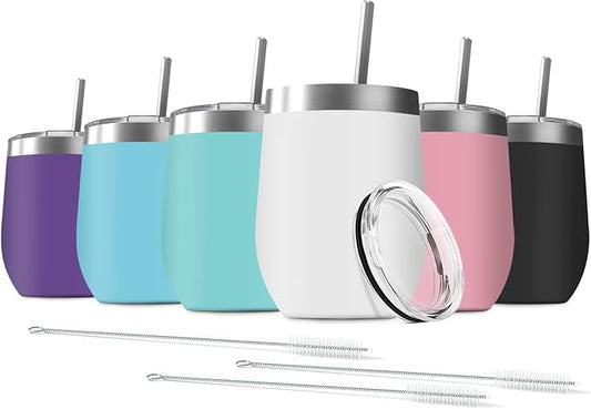 6 Pack 12 oz Stainless Steel Wine Tumbler with Lids, Double Wall Vacuum Insulated Travel Cup Including 6 Straws Set for Coffee, Cocktail, Drink, Tea and Beer (Assorted Colors)