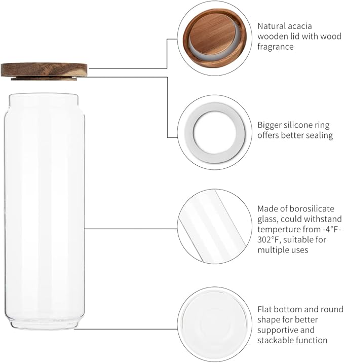 Glass Storage Containers Set of 3, 54 OZ High Borosilicate Glass Jars with Wooden Lids Kitchen Food Canisters s for Coffee Beans/Sugar/Noodles/Nuts/Cookies/Pasta