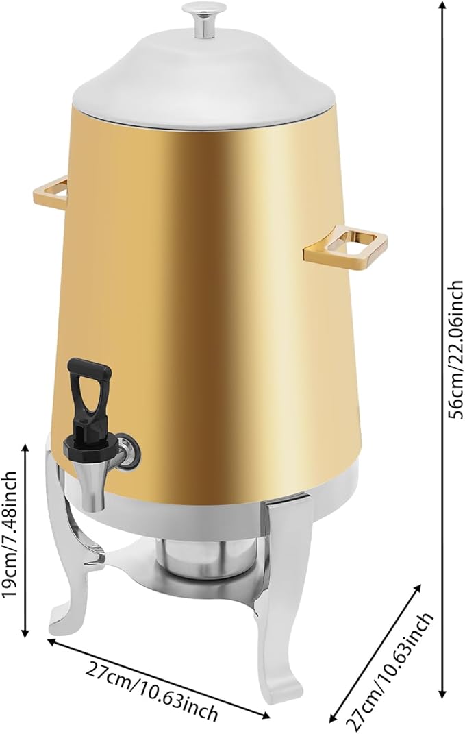 Stainless Steel Beverage Dispensers, Drink Dispenser with Fuel Holder & Base & Stainless Steel Faucet 3.4Gal Hot Beverage Dispenser, Commercial Coffee Urn for Hotels, Canteens（Golden Barrel Body）