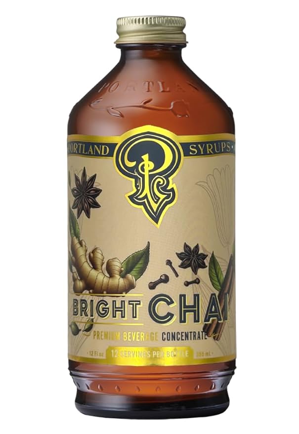 Portland Syrups Bright Chai Syrup - Coffee, Cocktails, Mocktails & Sodas - Premium Concentrate - Orange Pekoe, Ginger, Cinnamon, Cloves & Cardamom - Organic Cane Sugar - 12 oz, 12 Servings (Pack of 1)
