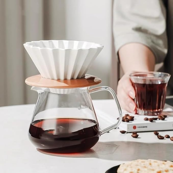 Ceramic Coffee Dripper Pour Over Coffee Maker with Wood Stand Elegant Flower Shape V60 Filter (white)