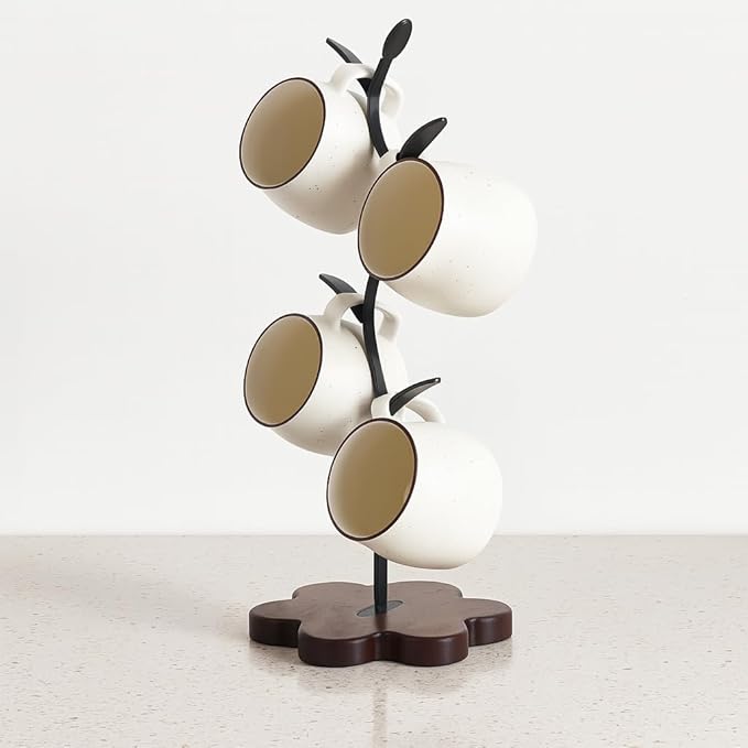 Mug Tree for Coffee Cups – Rustic Mug Holder Stand with 4 Hooks, Countertop Cup Rack for Coffee Bar & Kitchen Organization
