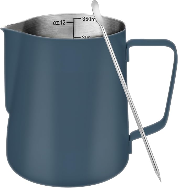 Milk Frothing Pitcher, 12 oz Milk Frother Cup with Clear Scale, 304 Stainless Steel Cappuccino Espresso Machine Accessories for Barista Coffee Bar with Latte Art Pen, Blue