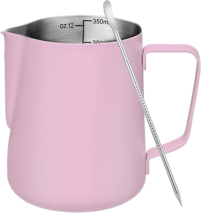 Milk Frothing Pitcher, 12 oz Milk Frother Cup with Clear Scale, 304 Stainless Steel Cappuccino Espresso Machine Accessories for Barista Coffee Bar with Latte Art Pen, Pink