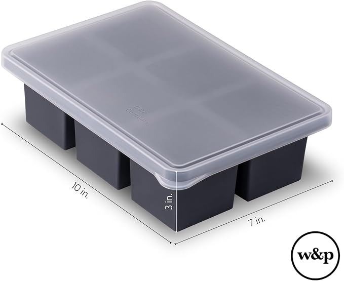 W&P Cup Cubes Silicone Freezer Tray with Lid, Charcoal, Makes 6 Perfect 1-Cup Portions, Freeze & Store Soup, Broth, Sauce, Leftovers, Dishwasher Safe