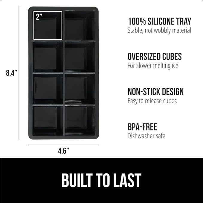GORILLA GRIP Slow Melting Large Silicone Ice Cube Tray for Freezer, Easy to Push 8 Giant Square Cubes, Use for Cocktails, Iced Coffee, Water Bottle, Frozen Puree, Kitchen Bar Essentials, 1 Pack, Black