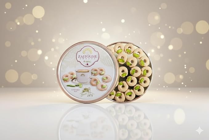 Zaitoune Ghraybeh Cookies - 9 oz | Traditional Middle Eastern Pistachio Shortbreads Handcrafted in Turkey | Beautiful Reusable Gift Tin | Perfect for Dessert | Great Sharing Present
