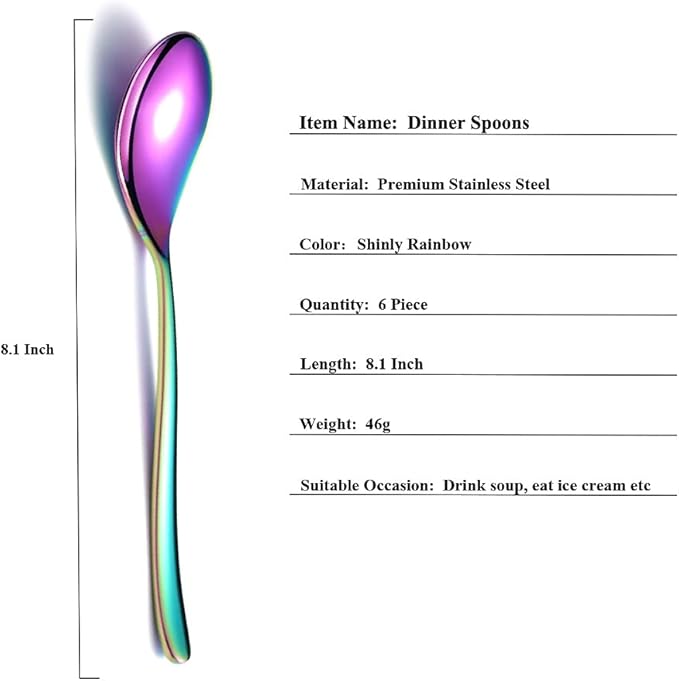 Rainbow Dinner Spoons 6 Piece, 8.1'' Stainless Steel Tablespoons, Soup Spoons, Dessert Spoons, Spoons Silverware for Home, Kitchen or Restauran,Dishwasher Safe