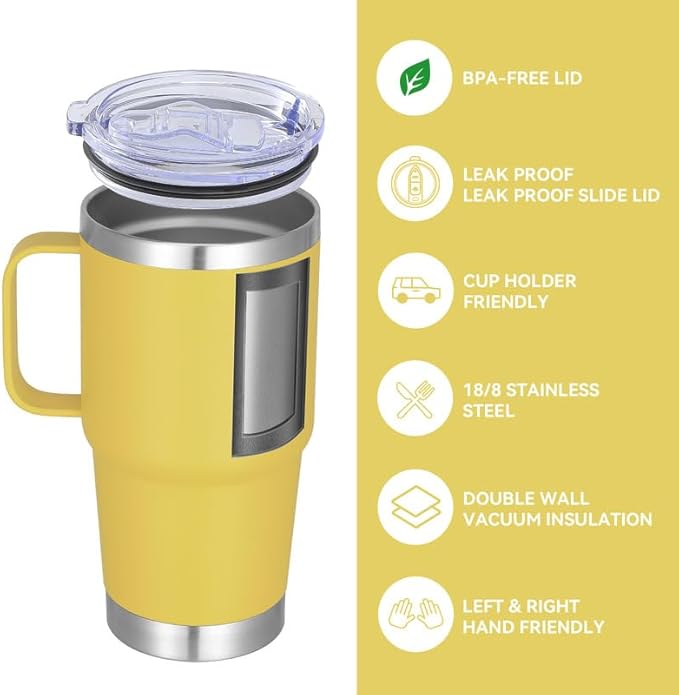 VEGOND 20 oz Tumbler Bulk with Handle Lid and Straw, Stainless Steel Insulated Travel Coffee Mug Set, Spill Proof Double Wall Metal Tumblers Cups, Powder Yellow 12 Pack