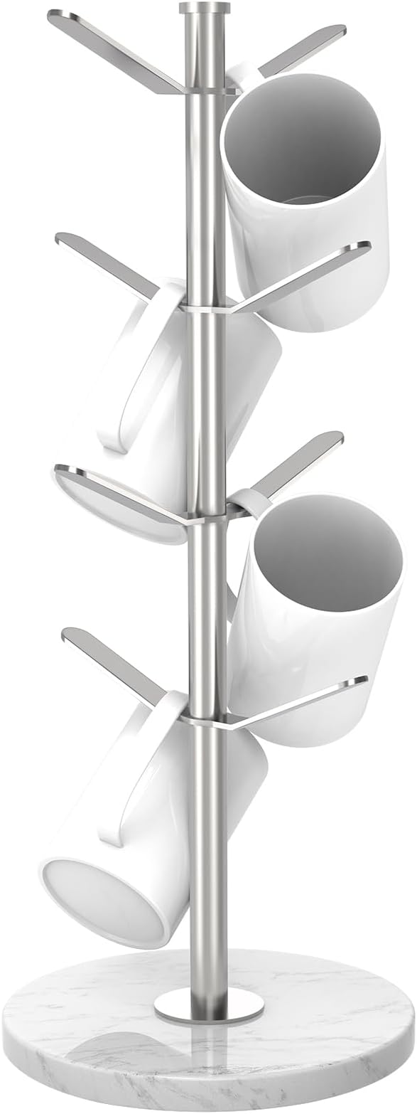 Marble Mug Holder Tree with 8 Hooks, Stainless Steel Coffee Cup Holder, Non-Slip Silicone Pads, Heavy Duty Marble Base, Countertop Organizer for Kitchen & Cafe, Silver