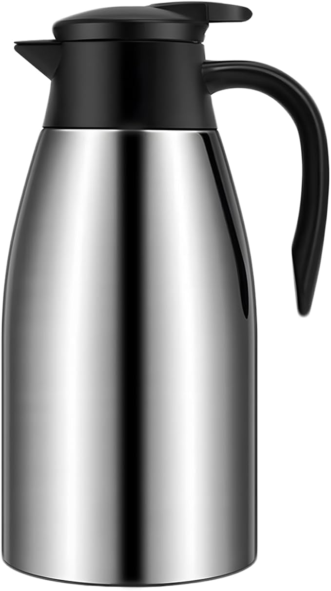 68oz Thermal Coffee Carafe, 2 Pack Airpot Insulated Coffee Urns Stainless Steel Vacuum Thermal Pot Dispenser for Coffee, Hot Water, Tea, Hot Beverage - Keep 12 Hours Hot, 24 Hours Cold (Silver, Black)