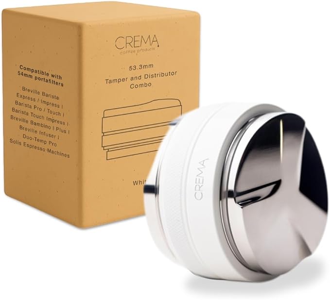CREMA Coffee Products 54mm Hand Tamper & Coffee Distributor | Compatible with Breville Portafilters | Double-Sided, Adjustable Depth Tool | Made with Durable 304 Stainless Steel | White