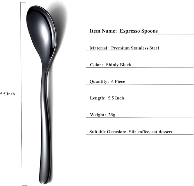 Black Demitasse Espresso Spoons, 5.5'' Mini Coffee Spoons, Set of 6, Stainless Steel, Dishwasher Safe