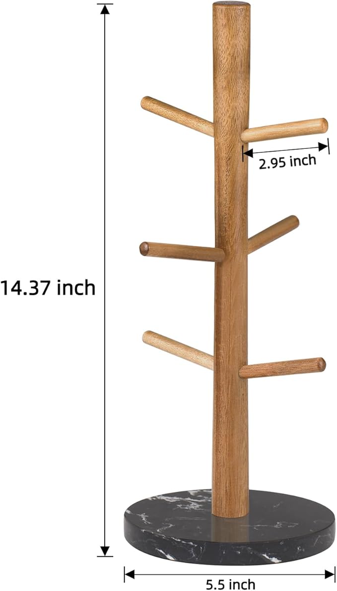 Buruis Mug Holder, Acacia Wood & Marble Base, 6 Hooks Kitchen Countertop Coffee Tea Cups Organizer