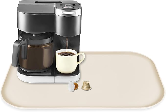 Silicone Coffee Maker Mat with Lip, 24'' x 16'' Heavy Duty Coffee Maker Mat for Countertops, Coffee Tray Fit Under Coffee Machine Appliance Automatic Machines Espresso Accessory, Beige