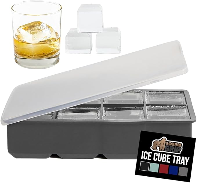 GORILLA GRIP Slow Melting Large Silicone Ice Cube Tray for Freezer, Easy to Push 8 Giant Square Cubes, Use for Cocktails, Iced Coffee, Water Bottle, Frozen Puree, Kitchen Bar Essentials, 1 Pack, Gray