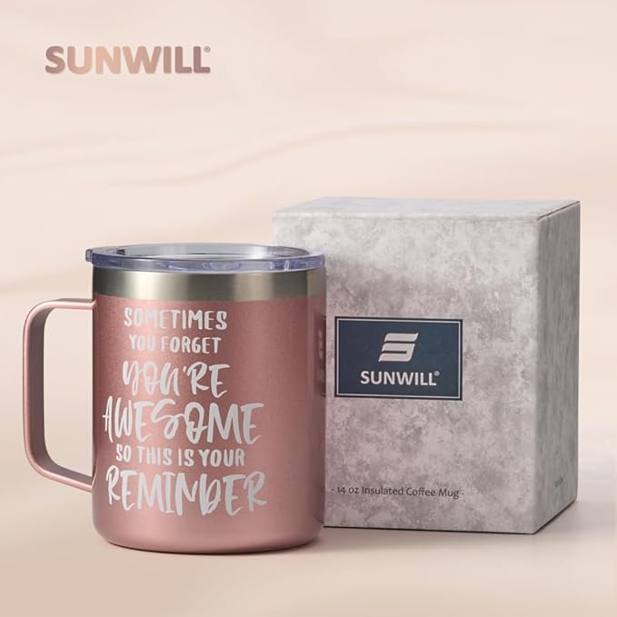 SUNWILL Insulated Coffee Mug with Lid, Birthday Gifts for Women, Stainless Steel Coffee Cup, Inspirational Sometimes You Forget You're Awesome Gifts for Mom, Best Friend, Her- 14oz Rose Gold
