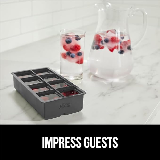 GORILLA GRIP Slow Melting Large Silicone Ice Cube Tray for Freezer, Easy to Push 8 Giant Square Cubes, Use for Cocktails, Iced Coffee, Water Bottle, Frozen Puree, Kitchen Bar Essentials, 1 Pack, Gray