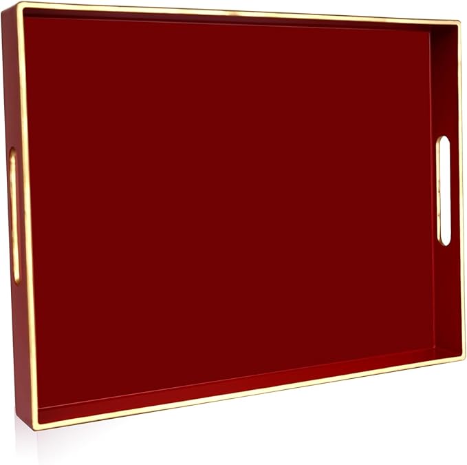 Gifturbo Red Large Serving Tray with Handles，Rectangular Plastic Elegant Decorative Coffee Table Tray for Ottoman, Living Room, Bathroom, Home Decor, Vanity Tray with Gold Trimming, 15.7” x 11.8”