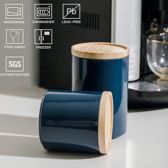 Sweejar Kitchen Canisters Ceramic Food Storage Jar, Stackable Containers with Airtight Seal Wooden Lid for Serving Ground Coffee, Tea, Sugar, Salt and More - 28 Fl Oz (Navy)