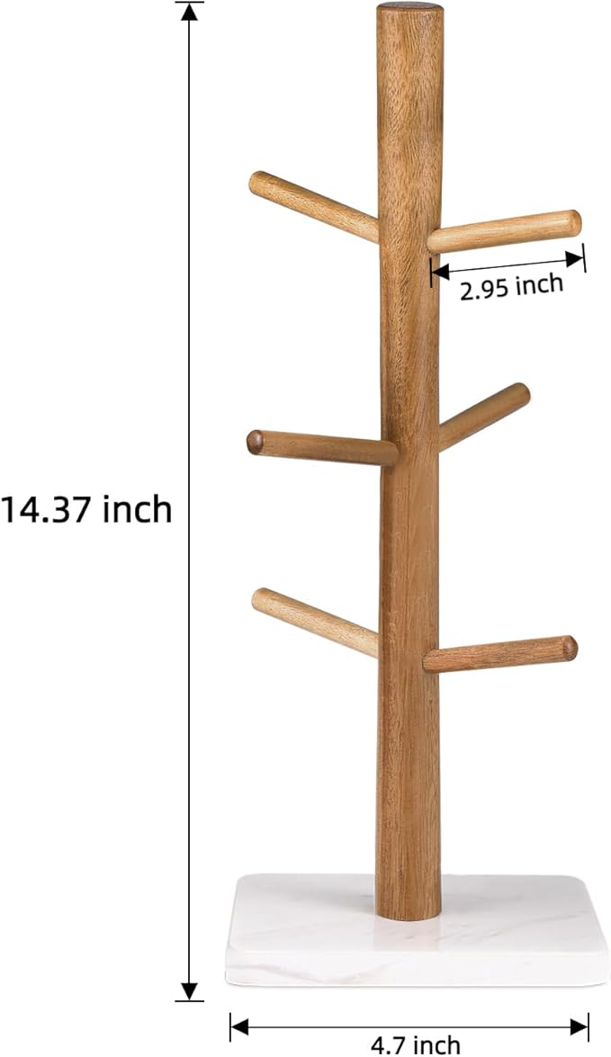 Buruis Wood Mug Holder, Marble Base Cup Rack Tree, Cup Stand Hanger, Kitchen Coffee Mug Tree Countertop Tea Cups Holder Stand, Coffee Mugs Dryer with 6 Hooks, White