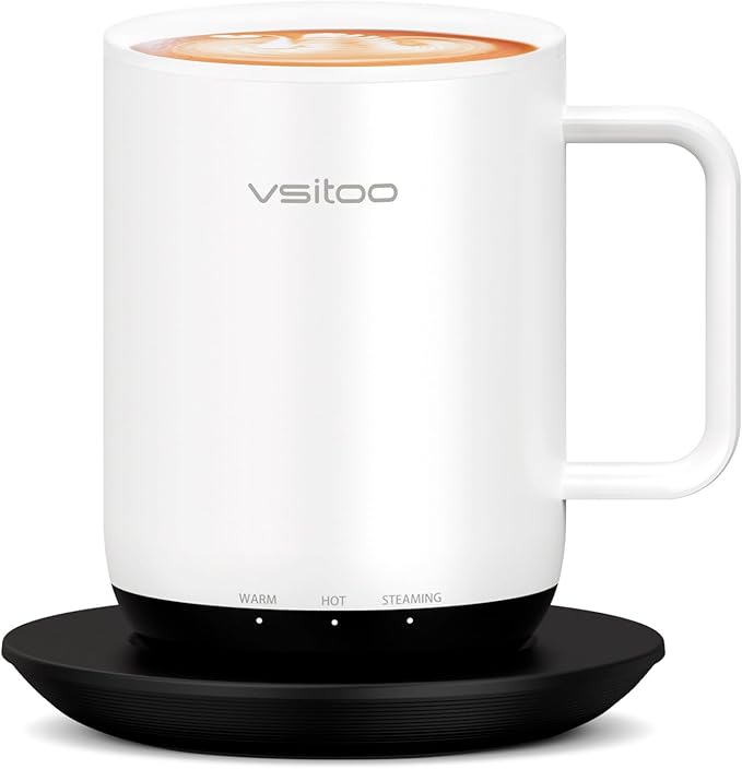 Vsitoo S3 Plus 14oz Heated Coffee Mug - Temperature Control Smart Mug with Mug Warmer, Auto-Sensing AI Heats Drinks to 120-150°F Hands-Free.Ideal for Home/Office/Gifts，White
