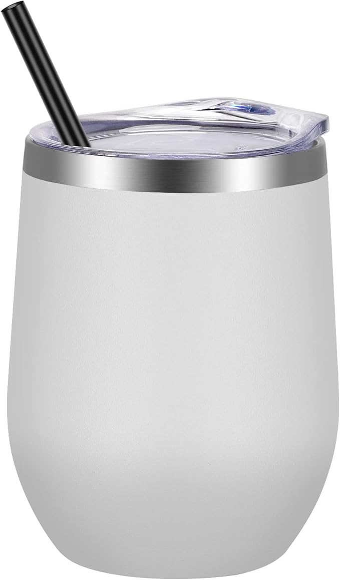 VEGOND 12oz Stainless Steel Wine Tumbler with Lid and Straw, Double Wall Vacuum Insulated Stemless Wine Glass Tumbler Cup, Coffee Mug for Cold Hot Drinks