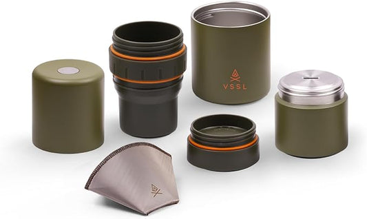 VSSL - Nest Pour Over Coffee Kit | Coffee Maker for Camping | All-In-One Travel Pour Over | Transportable Dripper, Two 10oz Stainless Steel Travel Mugs | Compact Storage & Adventure Ready | Deep Moss