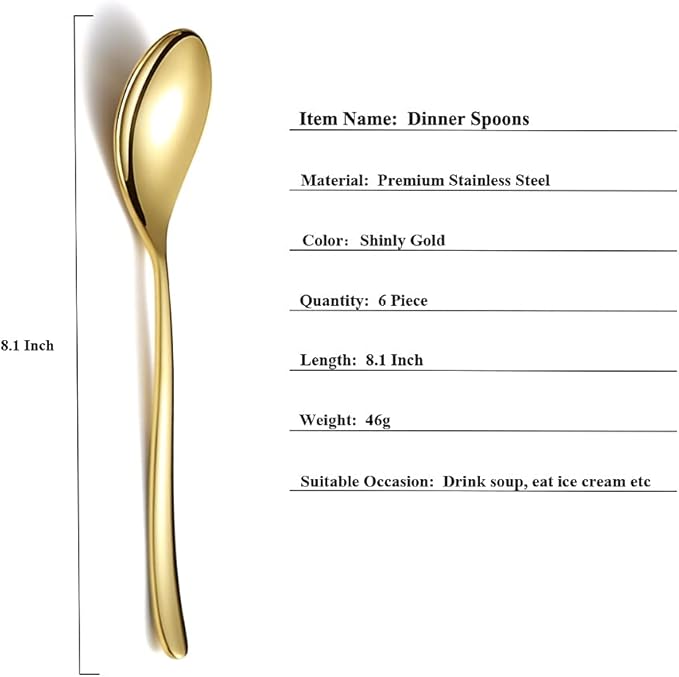 Gold Dinner Spoons 6 Piece, 8.1'' Stainless Steel Tablespoons, Soup Spoons, Dessert Spoons, Spoons Silverware for Home, Kitchen or Restauran,Dishwasher Safe