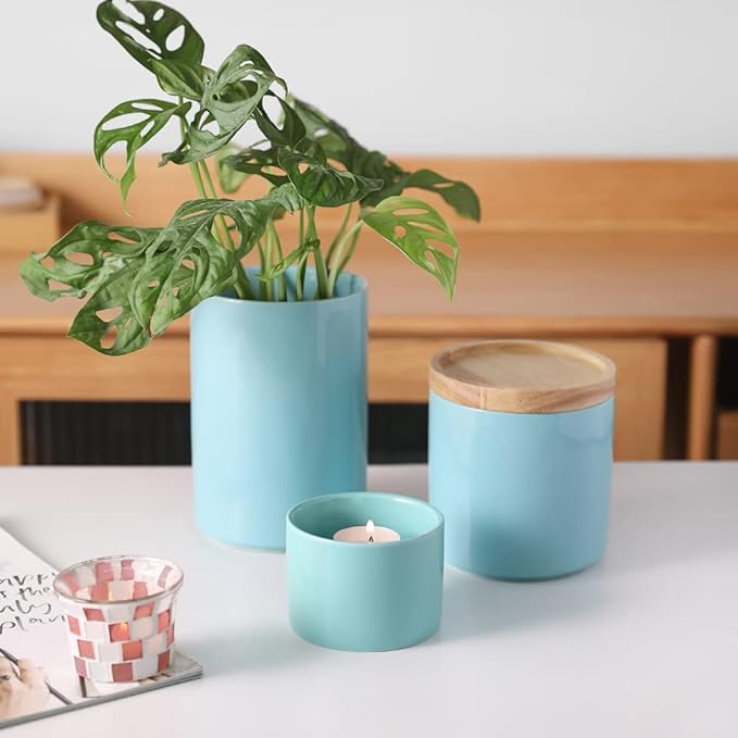 Sweejar Kitchen Canisters Ceramic Food Storage Jar, Stackable Containers with Airtight Seal Wooden Lid for Serving Ground Coffee, Tea, Sugar, Spice and More - 5 Fl Oz(Red)