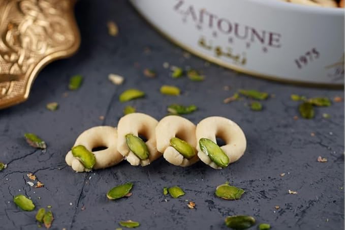 Zaitoune Ghraybeh Cookies - 9 oz | Traditional Middle Eastern Pistachio Shortbreads Handcrafted in Turkey | Beautiful Reusable Gift Tin | Perfect for Dessert | Great Sharing Present