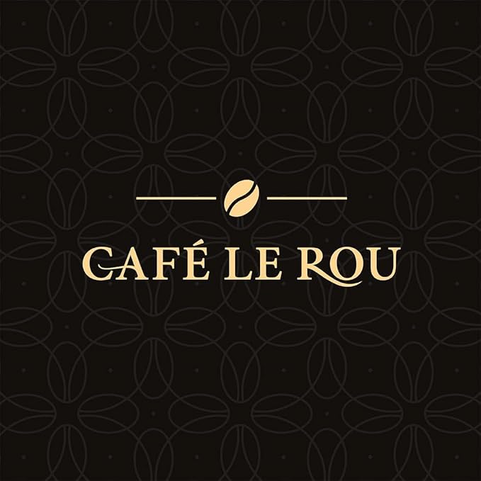 Elegant Café Le Rou logo with coffee bean icon on dark patterned background