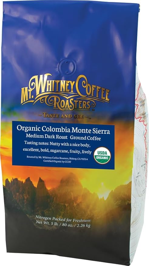 Mt. Whitney Colombia Monte Sierra Organic,Single origin, Medium Dark Roast, Smooth Full Flavored, low Acid Coffee (Ground, 5 Lb)