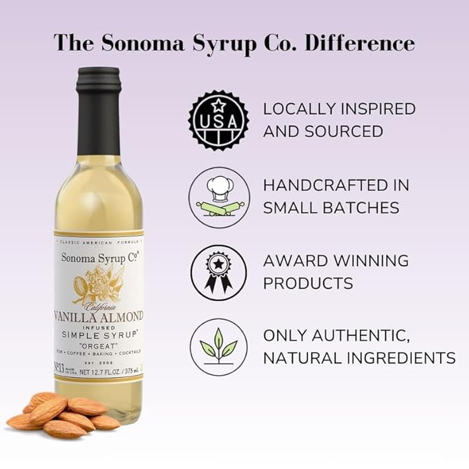 Sonoma Syrup Co. Vanilla Almond Infused Simple Syrup 12.7 fl oz | for Cocktails, Tea, and Baking | Hand Crafted in the USA