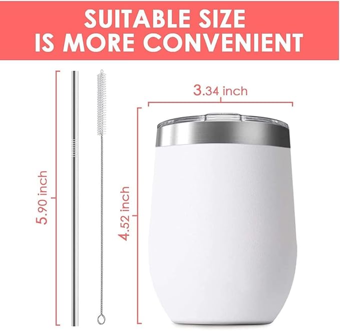 12oz Wine Tumbler with Lid With straw Stainless Steel Wine Tumbler Cups Double Wall Vacuum Insulated Travel Mugs Stemless Cup 12 Pack (White)