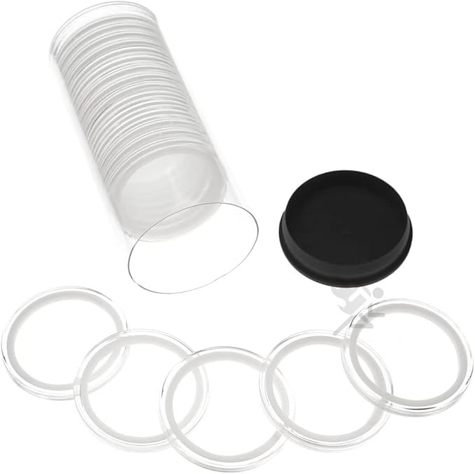 OnFireGuy 20 40mm Ring 1oz Silver Eagle, Kookaburra, Kangaroo Coin Holders & Capsule Storage Tube (Black Lid & White Ring Holders)