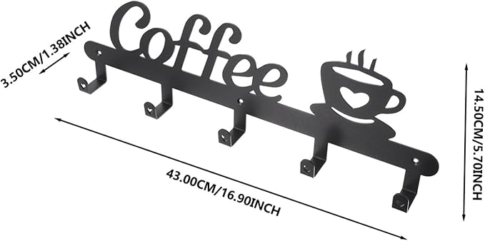 Metal Coffee Cup Hook Rack Decorative Mug Hanging Holder with Coffee Shape Design Easy Install Stable Storage for Kitchen Display and Organization