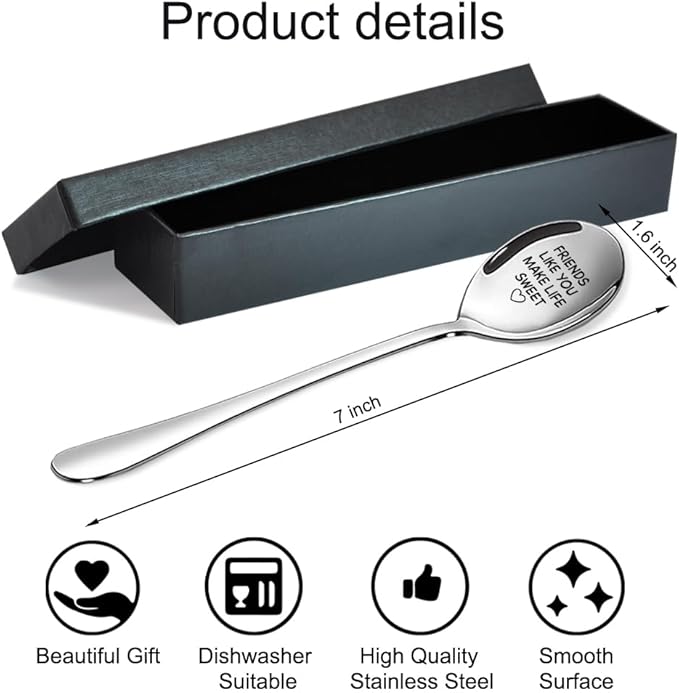 Friends Like You Make Life Sweet Engraved Stainless Steel Spoon, Cute Love Heart Engraved Spoons for Having Coffee Tea, Christmas Birthday Gifts for Coffee Tea Lover Friends Family Bestie